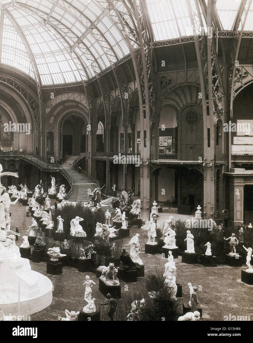 Exhibition of sculpture at the Grand Palais. Construction of the Grand Palais began in 1897 as part of the preparation works for the Universal Exposition of 1900. The main space, almost 780 feet long, was constructed with an iron, steel and glass barrel-v Stock Photo