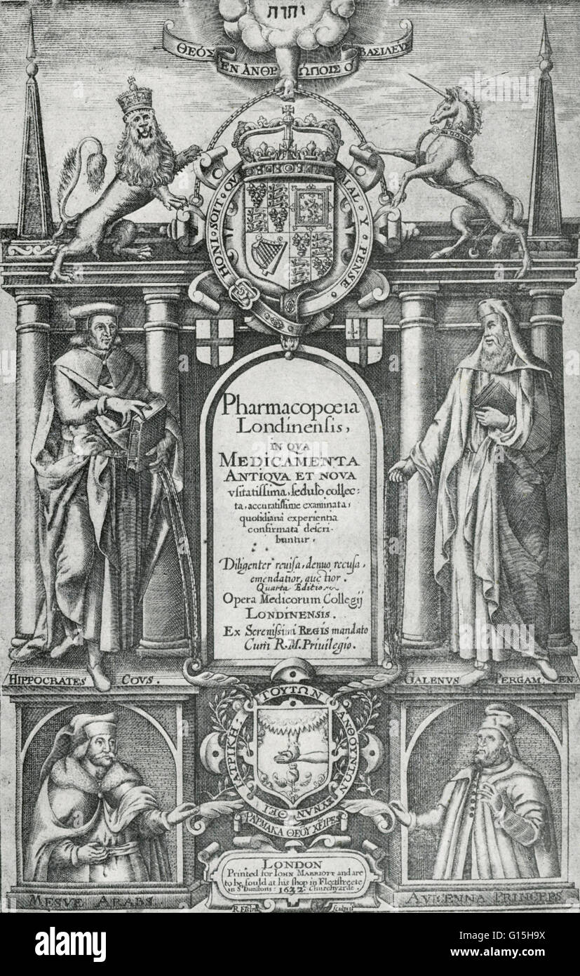 Title page from Pharmacopoeia Londinensis, published in England, 1632. A pharmacopoeia is a reference work for pharmaceutical drug specifications. The compounds employed in medicine were often heterogeneous mixtures, some of which contained from 20 to 70 Stock Photo