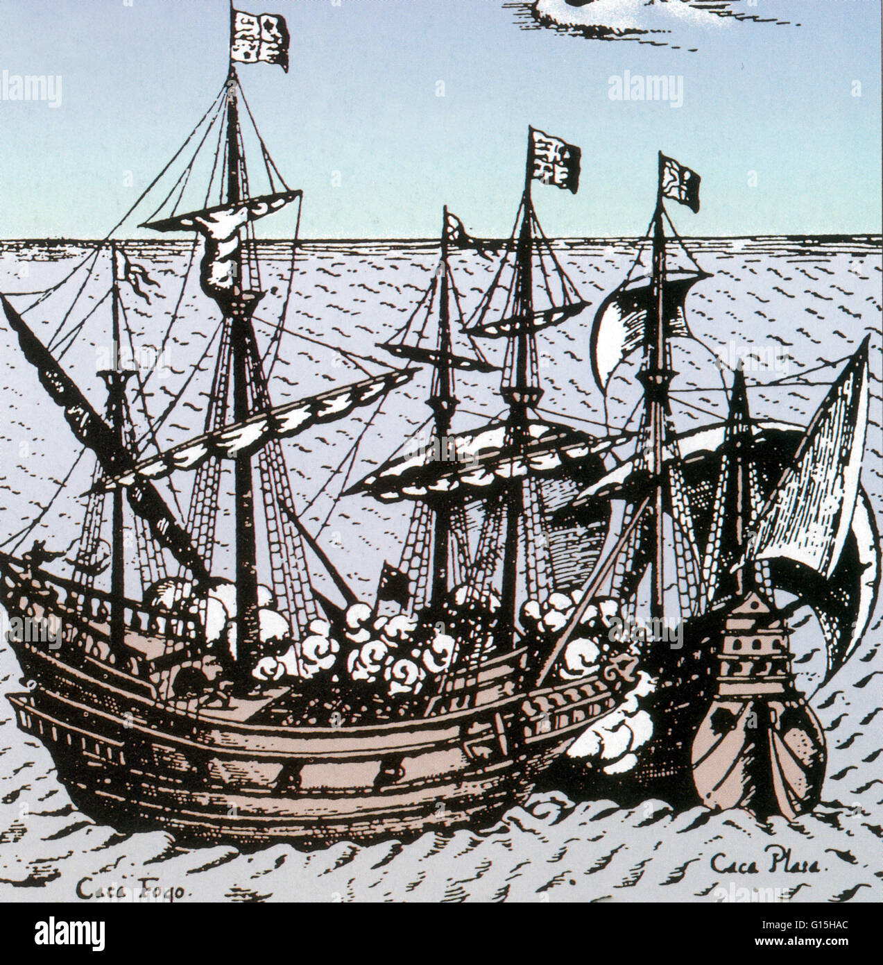 Capture Of Cacafuego, engraving by Friedrich Hulsius, 1626. The Spanish galleon Nuestra Senora de la Concepcion (Our Lady of the Immaculate Conception) was a 120 ton vessel that sailed the Peru - Panama route during the 16th century. This ship has earned Stock Photo