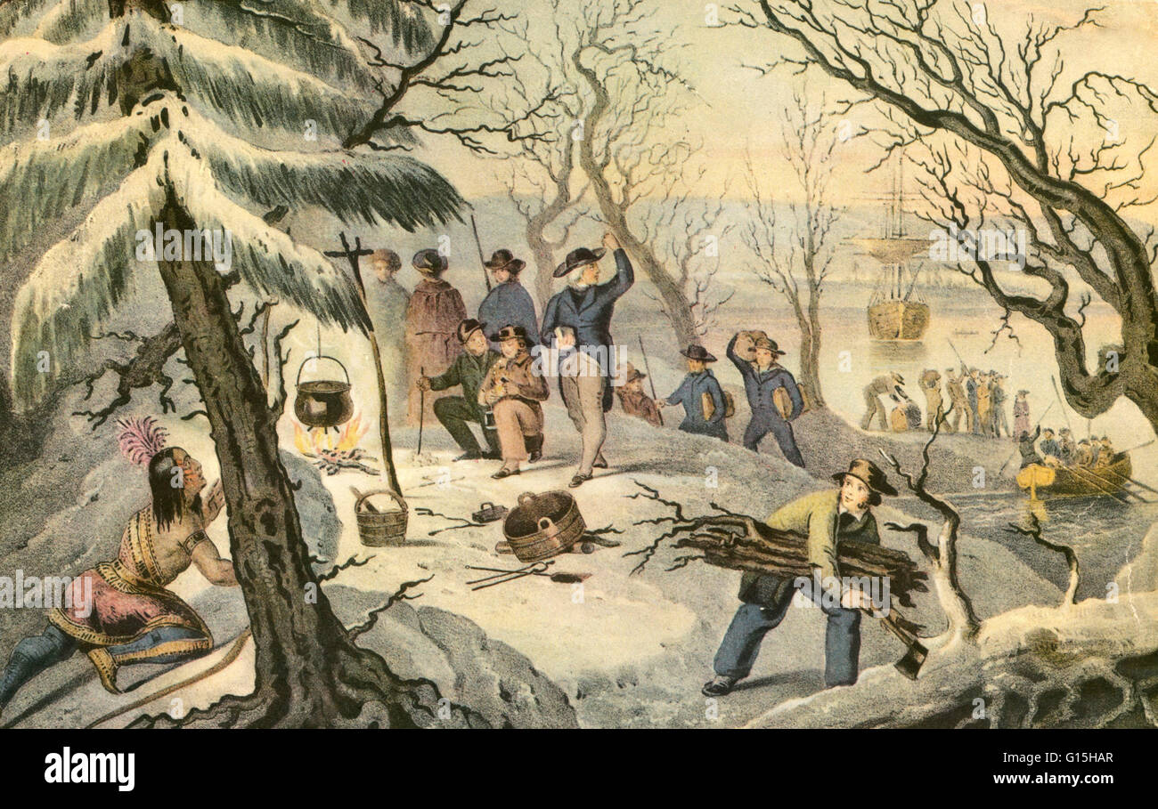 This lithograph by Currier & Ives shows a Native American man watching the pilgrims from the woods as they begin to land at Plymouth. They have placed a kettle over a campfire, one man carries a hatchet and firewood, and more pilgrims are landing in small Stock Photo