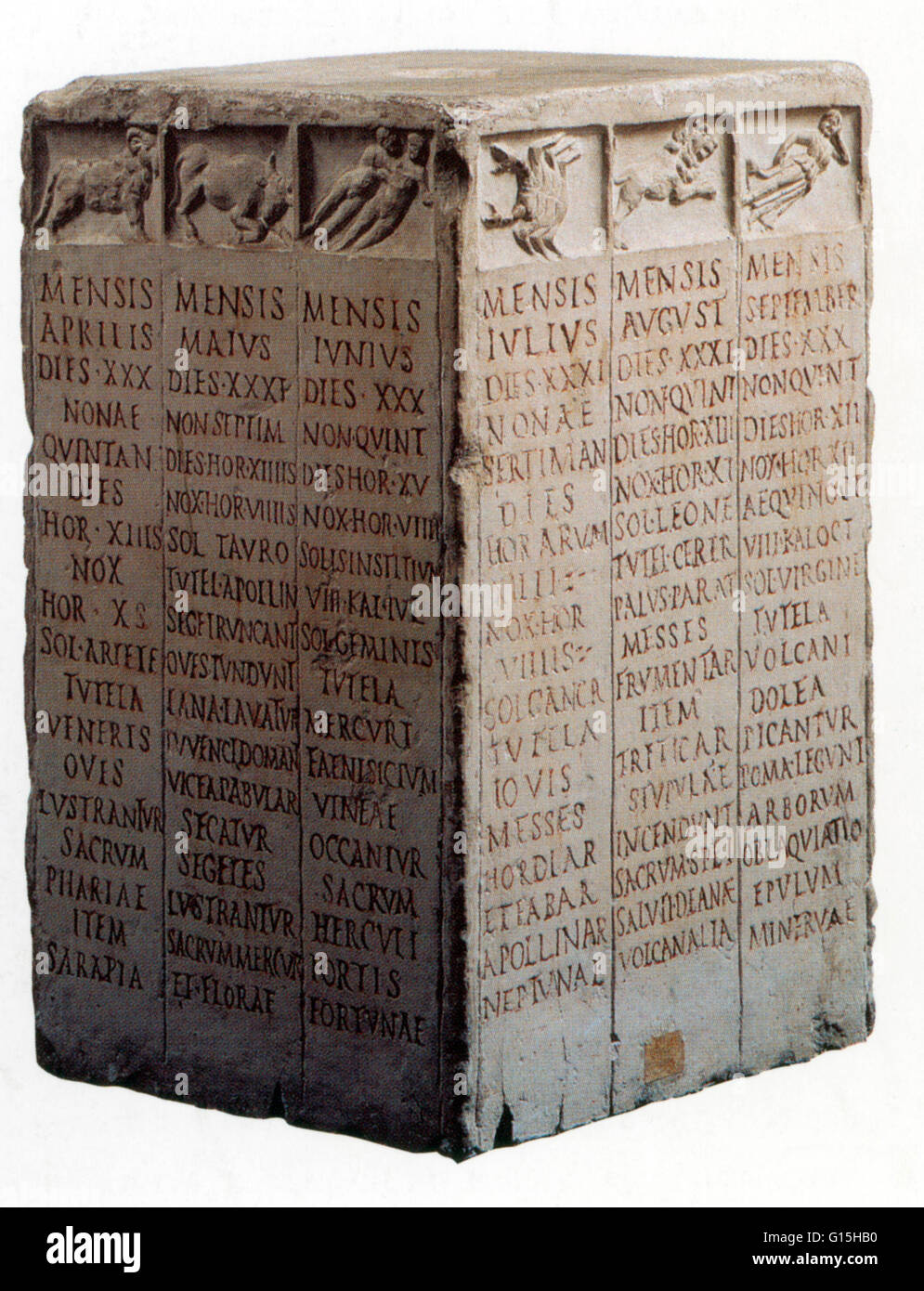 Replica of Roman public calendar listing for each of the 12 months its name, zodiac sign, protecting divinity, number of days, agricultural work to be done and festivals to be celebrated. Stock Photo