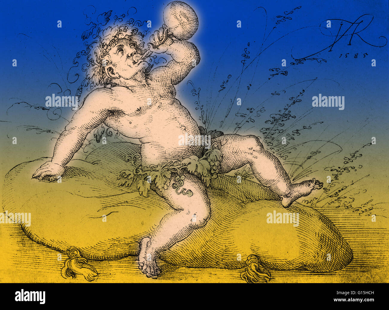 Dionysus, in Greek mythology the god of the grape harvest, winemaking and wine, of ritual madness and ecstasy. He was also known as Bacchus by the Romans. Artwork by Jost Amman. Stock Photo