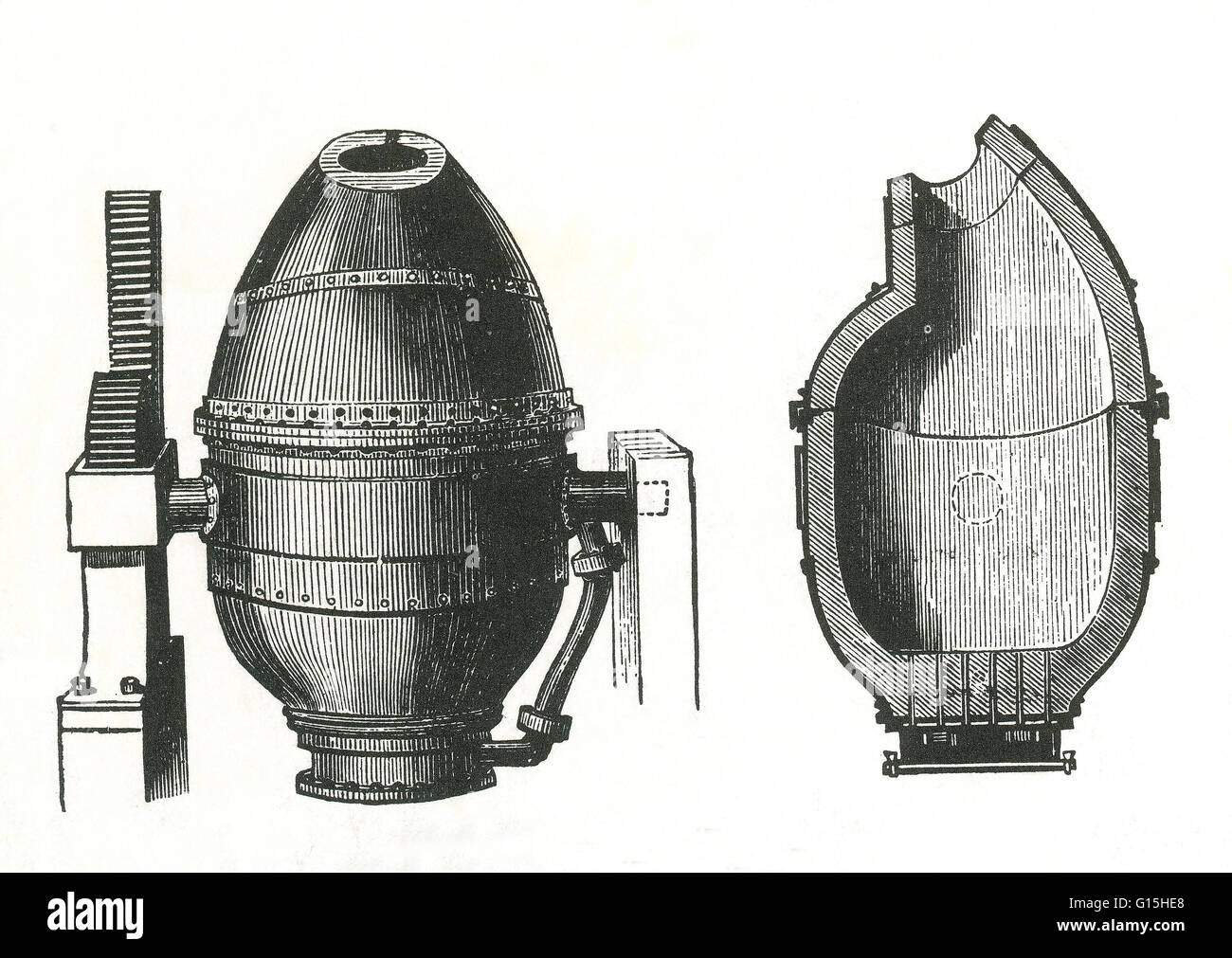 The Bessemer converter was the first inexpensive industrial machine for the mass-production of steel from molten pig iron. It was named after Henry Bessemer who took out the patent in 1851. Stock Photo
