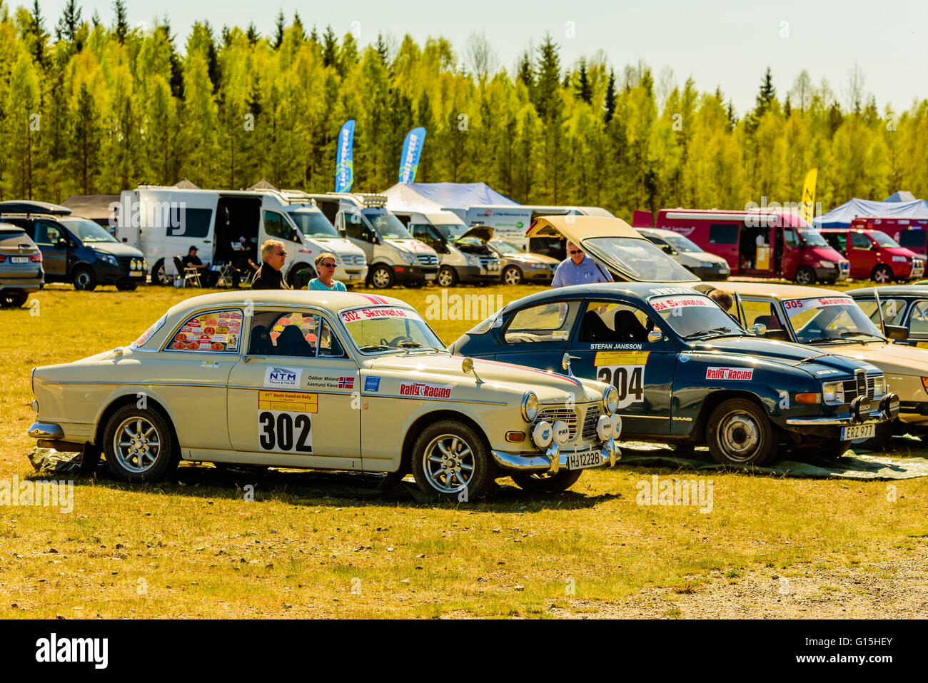 Emmaboda, Sweden - May 7, 2016: 41st South Swedish Rally in service depot. Volvo 123 GT in the SSR regularity class for the Norw Stock Photo