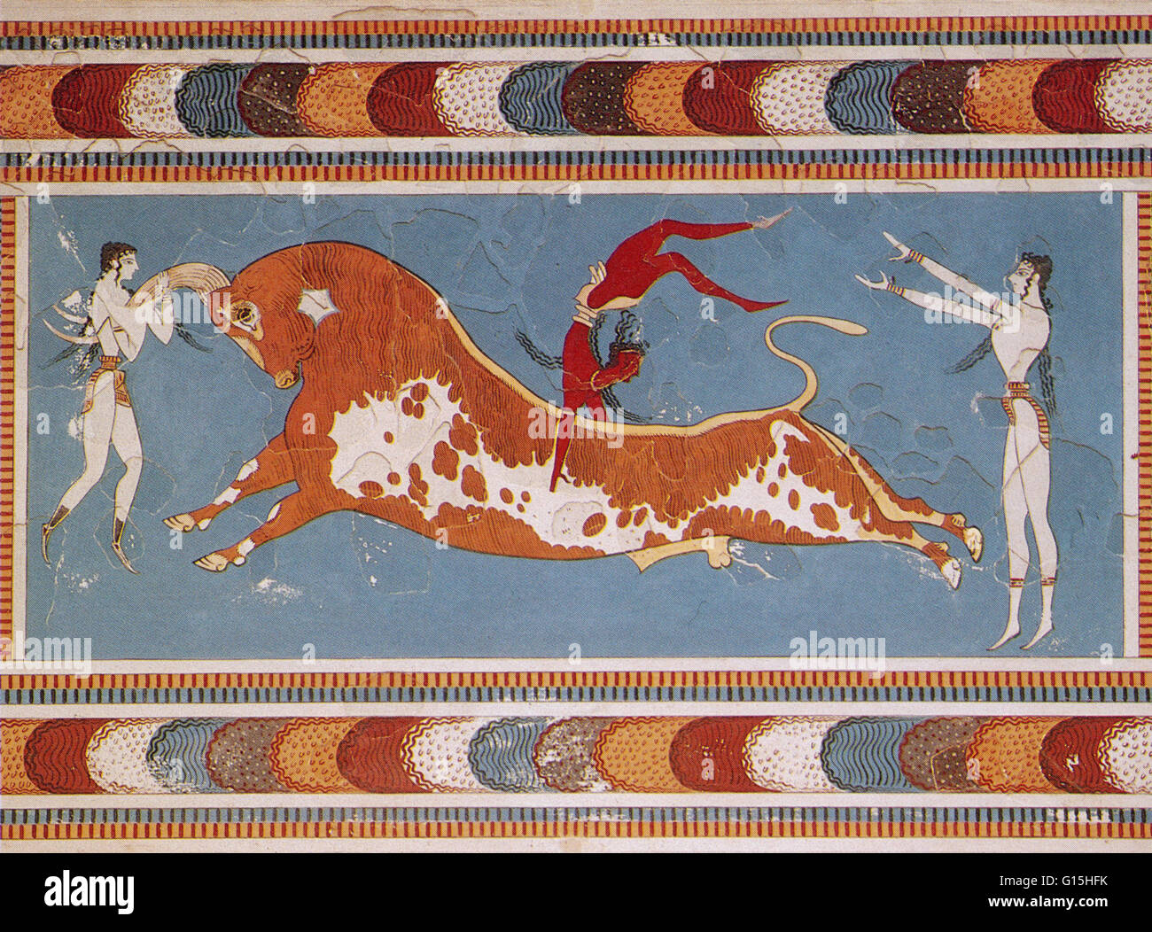 Reconstruction of the bull-leaping fresco from the Knossos Minoan Palace. It is interpreted to be a depiction of a ritual performed in connection with bull worship. An alternative interpretation is that the leaping bull represents a rite of passage for yo Stock Photo