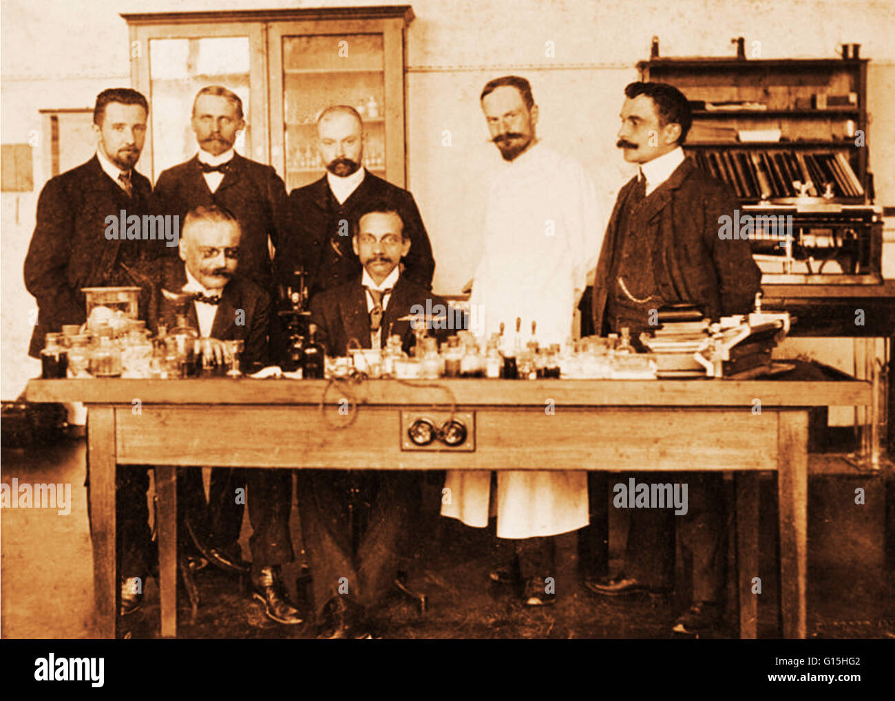 Alois Alzheimer and coworkers at the psychiatric clinic of the University of Munich, 1904-05.  Alzheimer was head of the neuroanatomic laboratory there.  Here he is seated in the front row at left.  In 1906, German psychiatrist and neuropathologist Alois Stock Photo