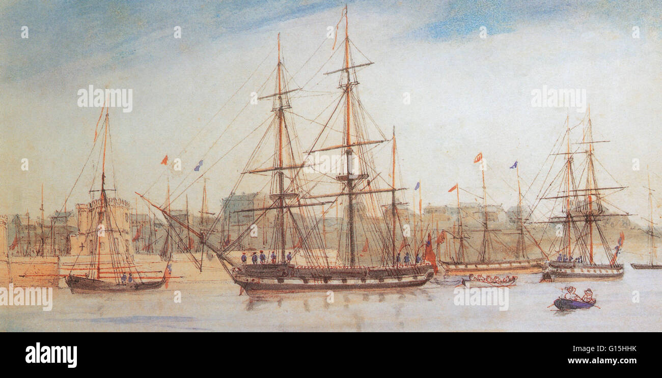 HMS Beagle was a Cherokee-class 10-gun brig-sloop of the Royal Navy. She was launched in May 1820 from the Woolwich Dockyard on the River Thames. In July of that year she took part in a fleet review celebrating the coronation of King George IV of the Unit Stock Photo