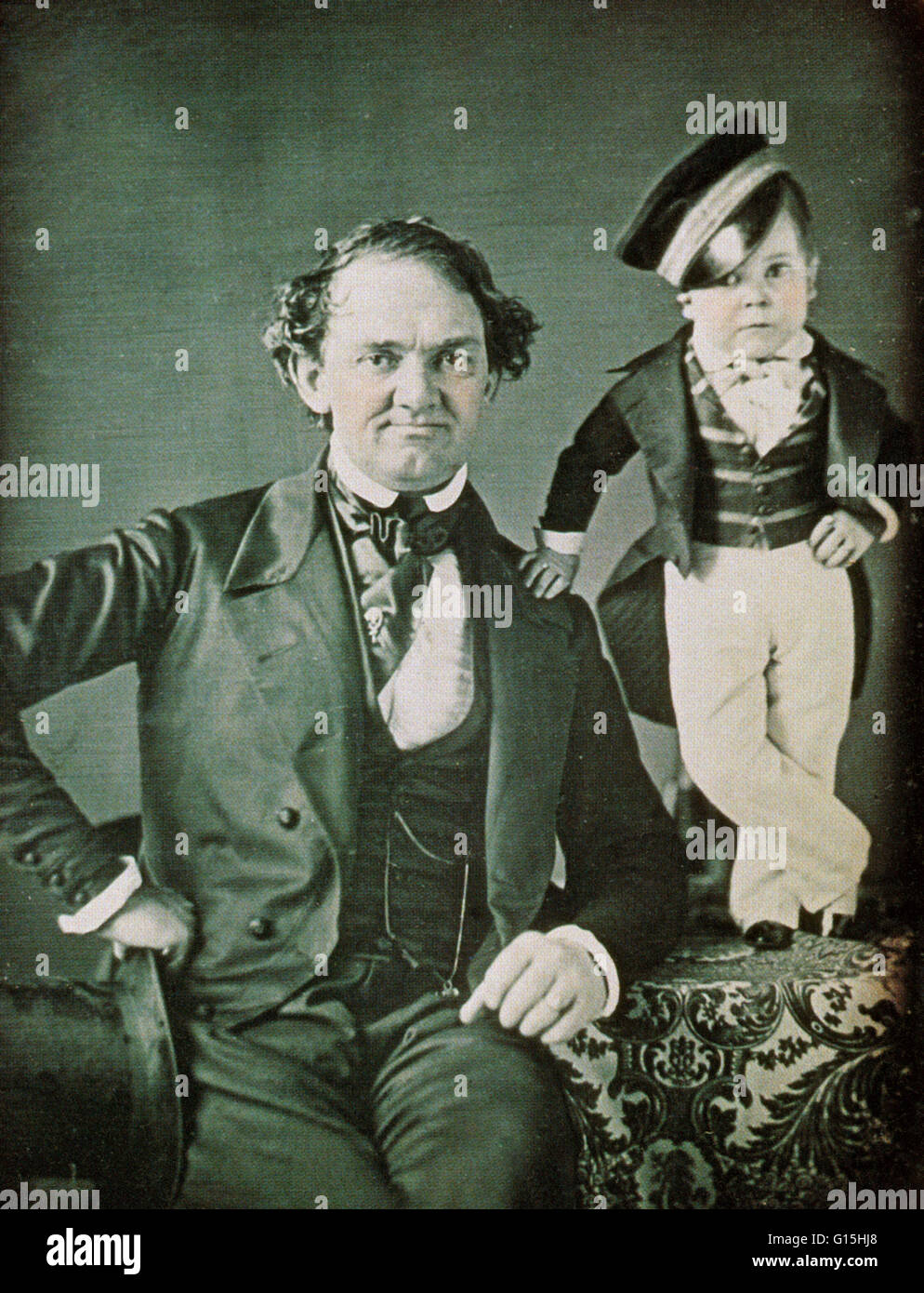 P.T. Barnum (1810-1891) and General Tom Thumb (stage name of Charles Sherwood Stratton (1838-1883)). Portrait circa 1850. Barnum founded Barnum & Bailey Circus, and for many years Tom Thumb was a popular dwarf performer in the circus Stock Photo