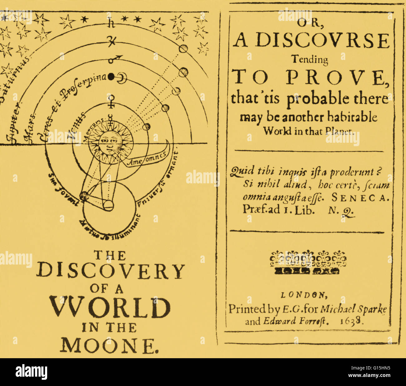 Title page of Bishop Wilkins' The Discovery of a World in the Moone. This was published in 1638 as a serious scientific discourse, in which Wilkins set out to prove the habitability of the Moon and other worlds. Stock Photo