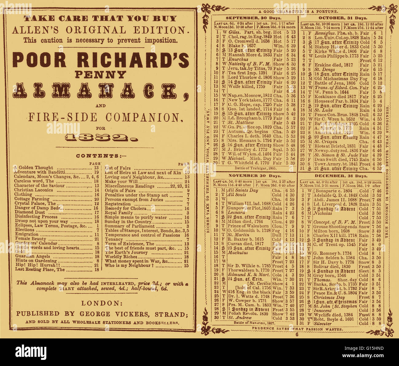 TItle page of 'Poor Richard's Penny Almanack and Fire-Side Companion for 1852.' Stock Photo