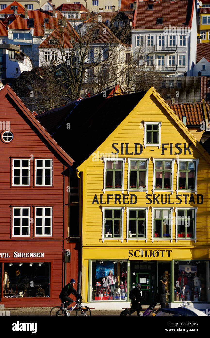 Traditional wooden Hanseatic merchants buildings of the Bryggen, UNESCO World Heritage Site, Bergen, Hordaland, Norway Stock Photo