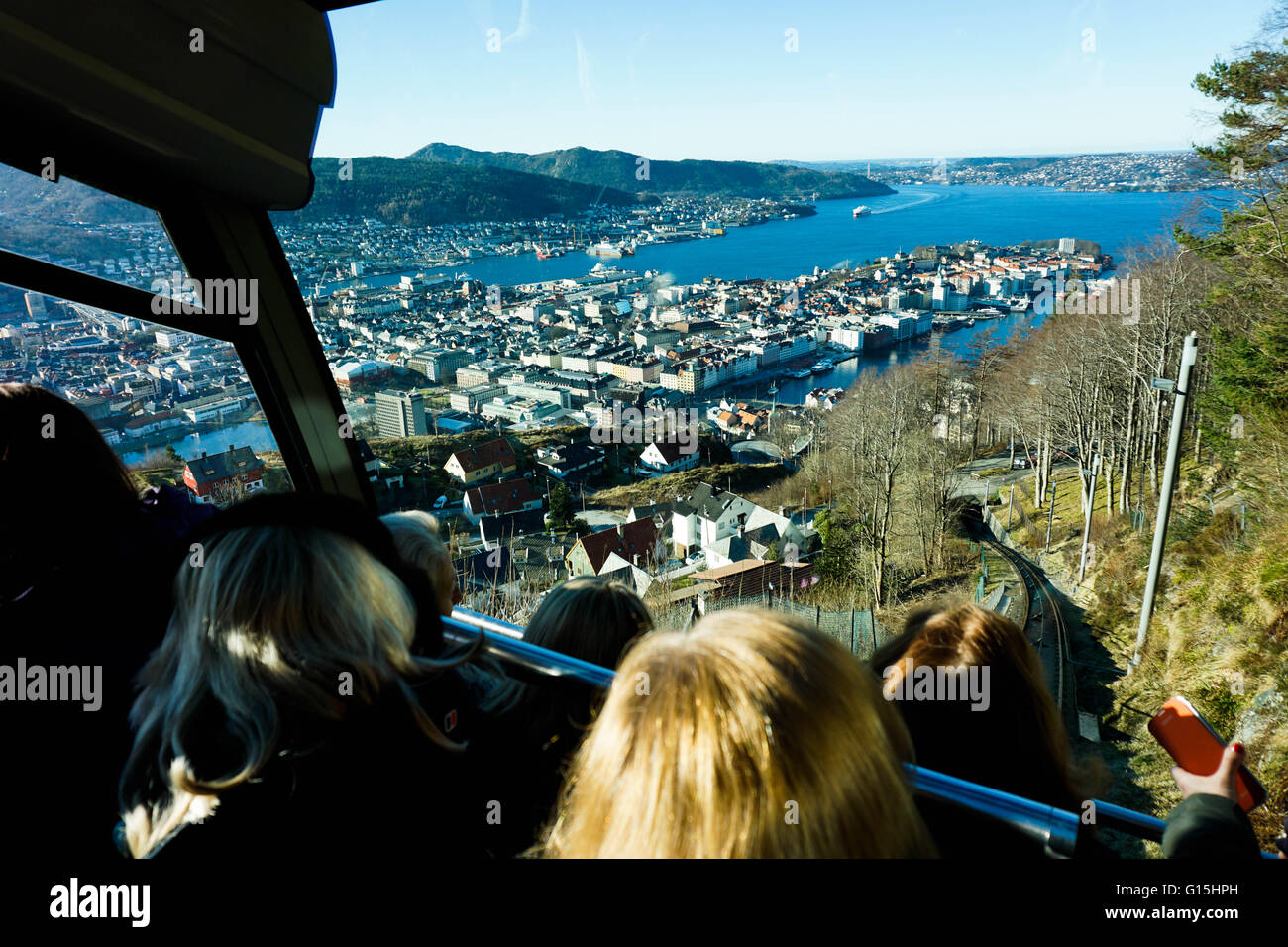 Floibanen funicular railway with view of Bergen from Mount Floyen, Bergen, Hordaland, Norway, Scandinavia, Europe Stock Photo