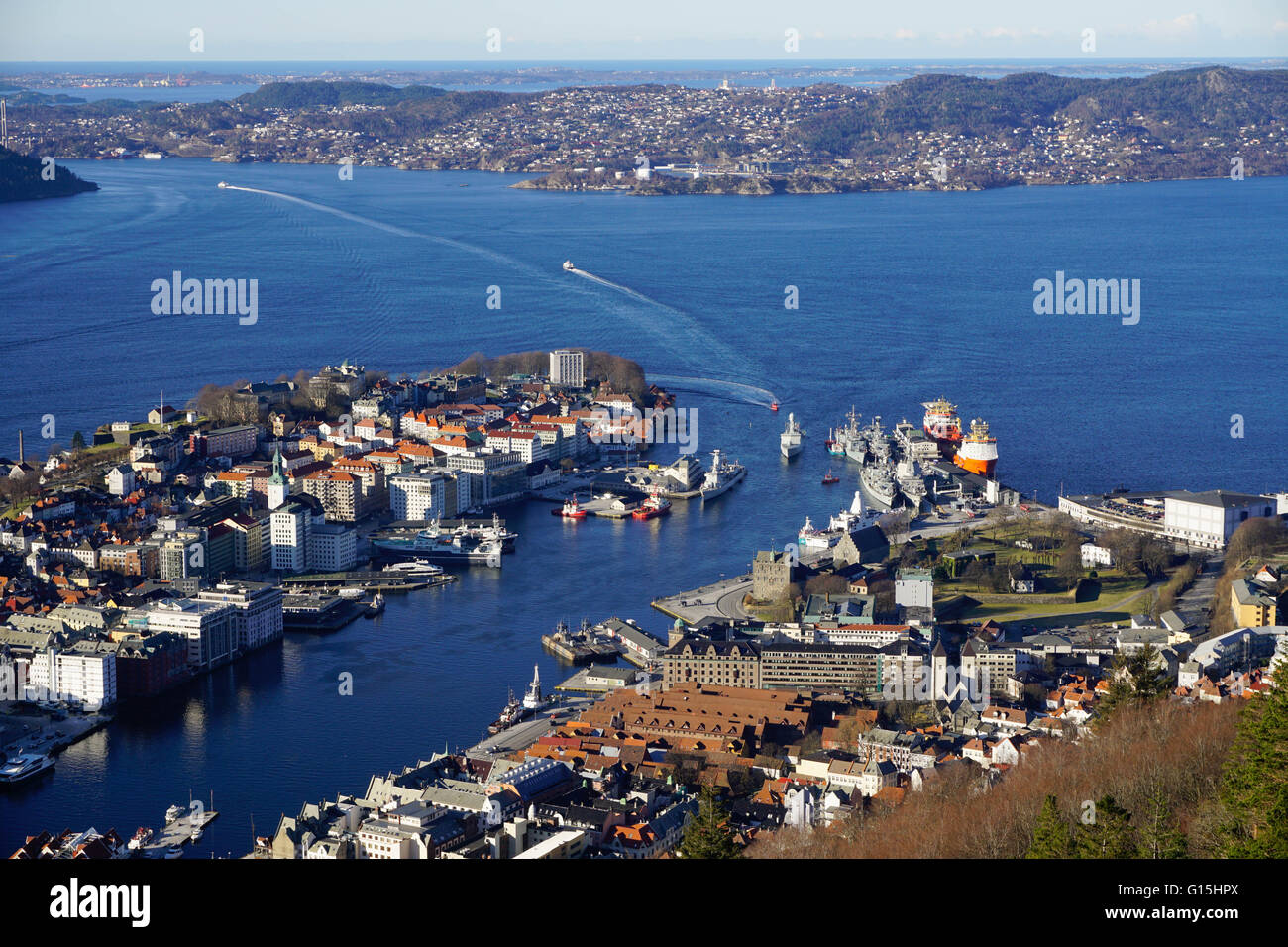 View of Bergen from Mount Floyen, Bergen, Hordaland, Norway, Scandinavia, Europe Stock Photo