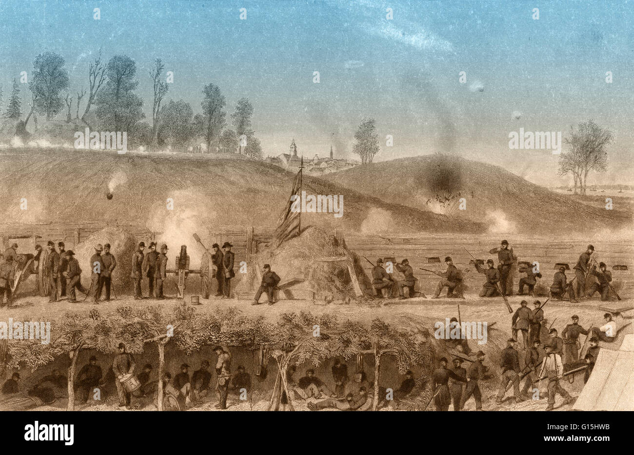 Color enhanced illustration of the Siege of Vicksburg in 1863, which ...