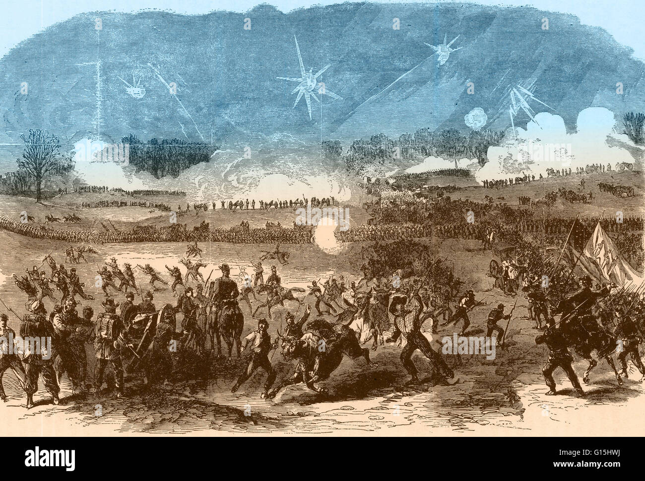 Color enhanced illustration of the Battle of Chancellorsville, Virginia, part of the Chancellorsville Campaign of the American Civil War. The illustration depicts Couch's Union corps forming a line of battle to cover the retreat of the XI Corps on May 2, Stock Photo