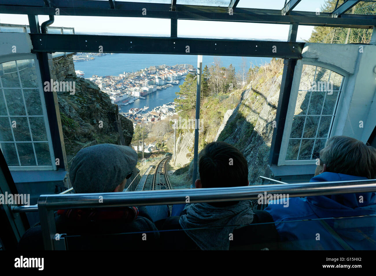 Floibanen funicular railway with view of Bergen from Mount Floyen, Bergen, Hordaland, Norway, Scandinavia, Europe Stock Photo
