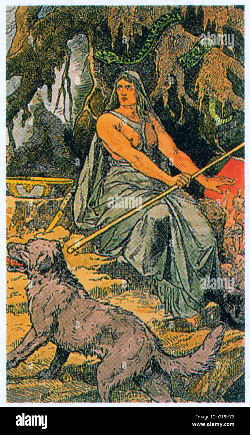 'Hel', an 1889 illustration by Johannes Gehrts. According to Norse mythology, the queen of the dead, Hel, presided over a realm of the same name. Stock Photo