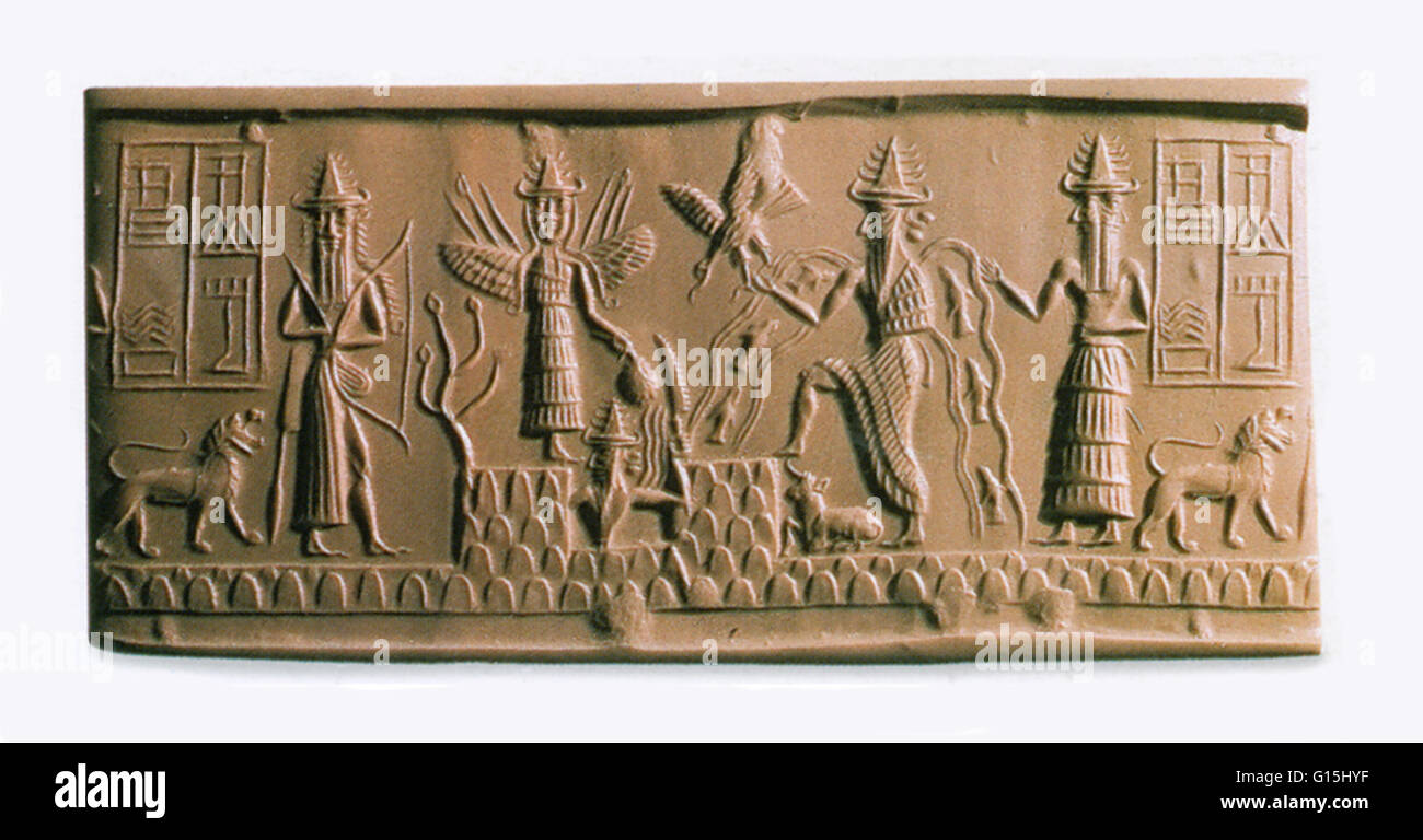 Ea, or Enki, Mesopotamian god of wisdom, at left, with the winged goddess Ishtar, and Shamash, the sun god. Stock Photo