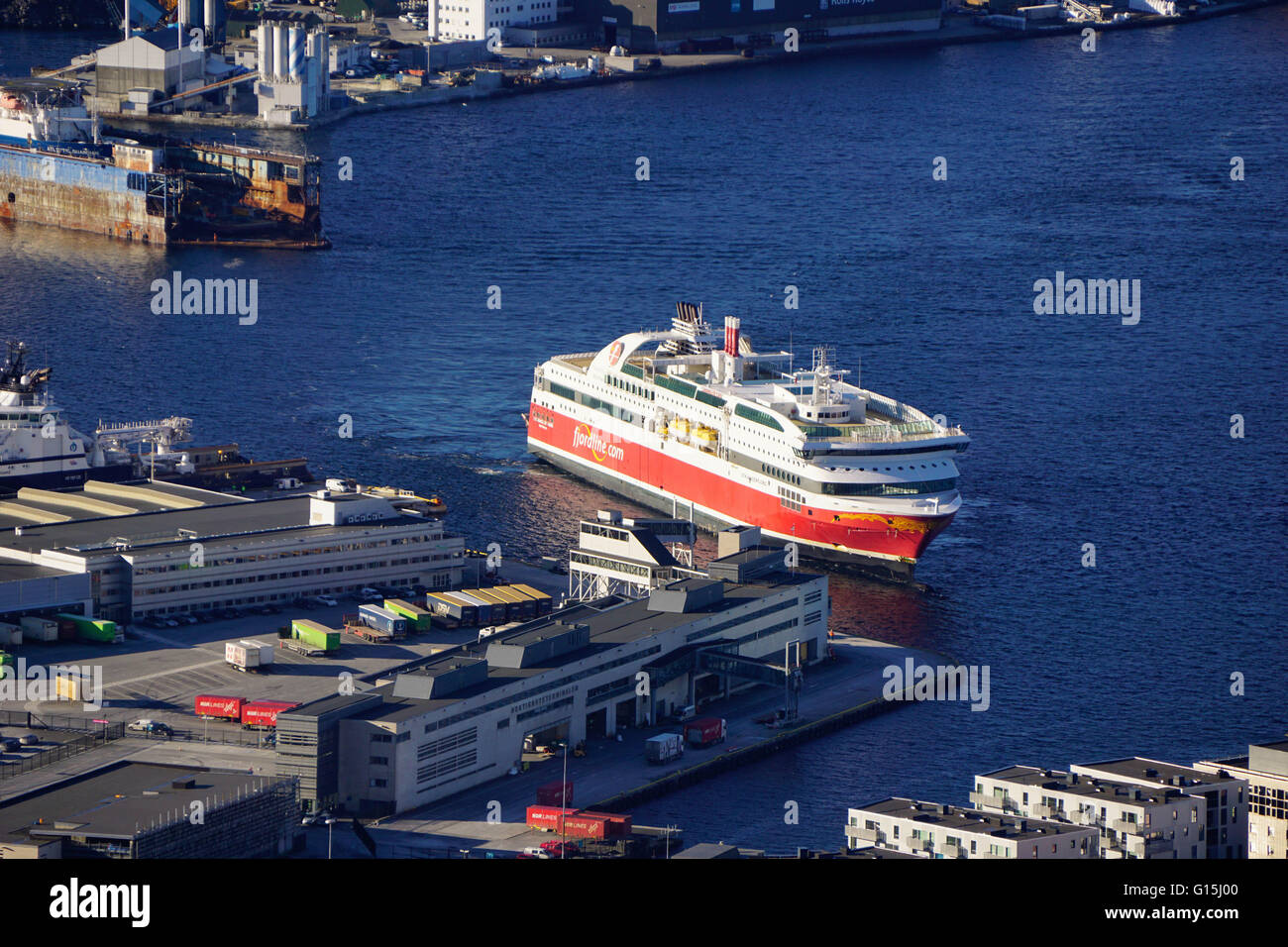 View of Bergen and costal ferry from Mount Floyen, Bergen, Hordaland, Norway, Scandinavia, Europe Stock Photo
