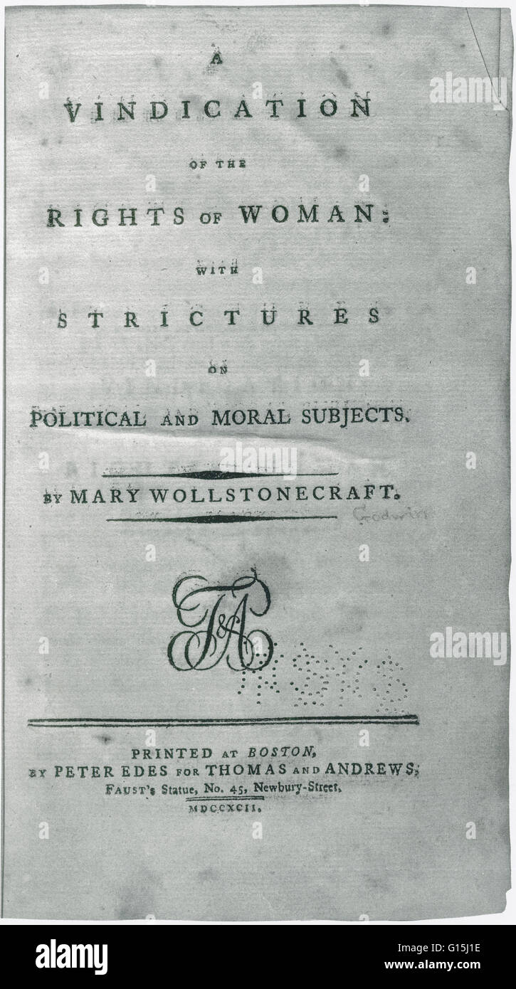 A Vindication of the Rights of Woman: with Strictures on Political and Moral Subjects (1792), written by the 18th-century English feminist Mary Wollstonecraft, is one of the earliest works of feminist philosophy. In it, Wollstonecraft responds to those ed Stock Photo