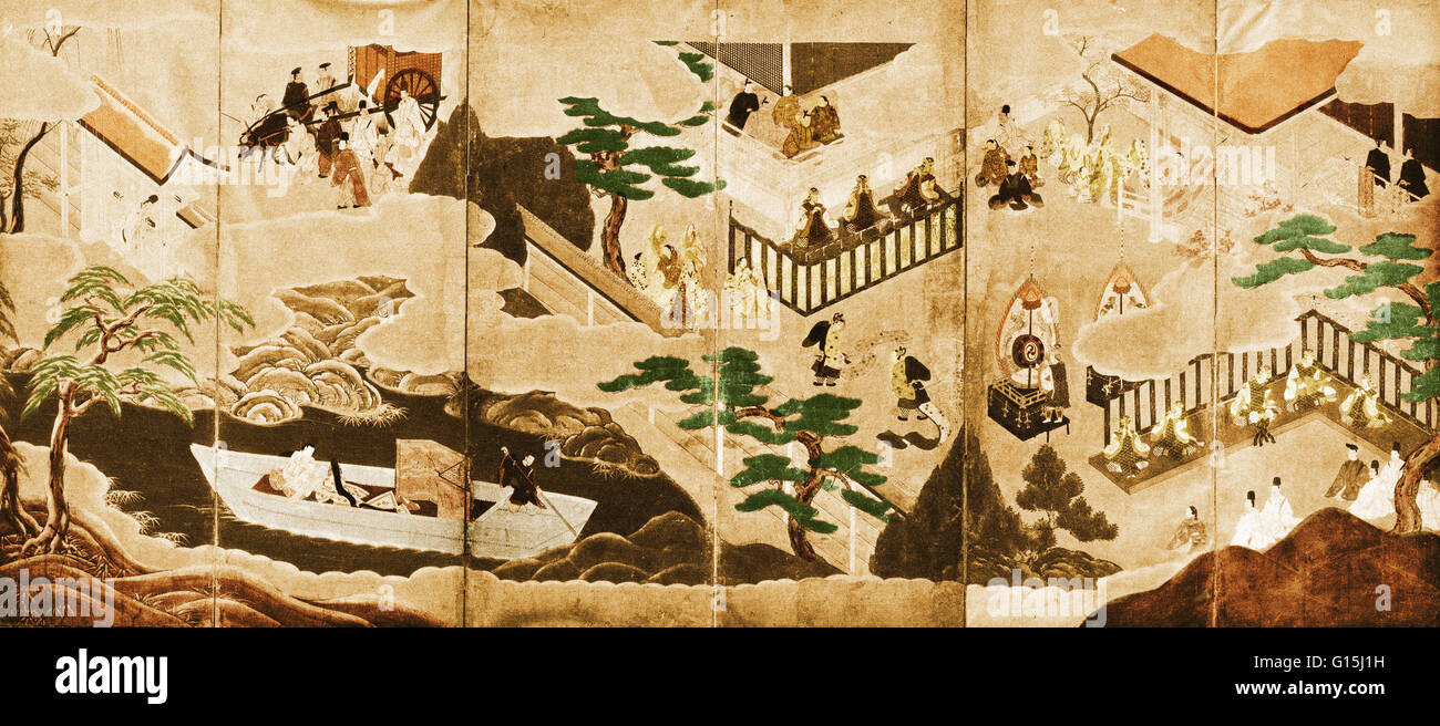 Scenes from the Tale of Genji painted on a six-panel folding screen.  Early 17th century, Tosa school, artist unknown. The Tale of Genji was written by Murasaki Shikibu (Lady Murasaki) (c. 973 - c. 1014 or 1025) in the early 11th century.  She was a Japan Stock Photo