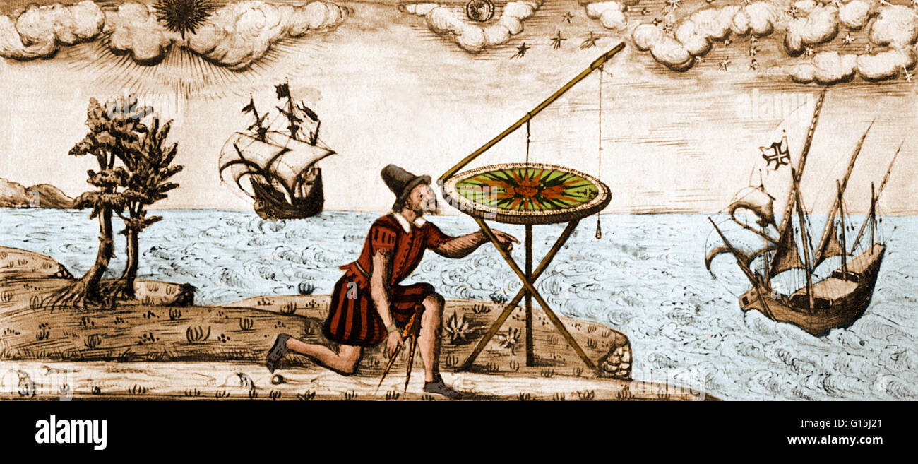Illustration of a man using a circumferentor, or surveyor's compass, a forerunner of the theodolite (a more sophisticated sextant that can measure both a horizontal and a vertical angle through a full 360°), from an illustrated book on cosmography by Jacq Stock Photo