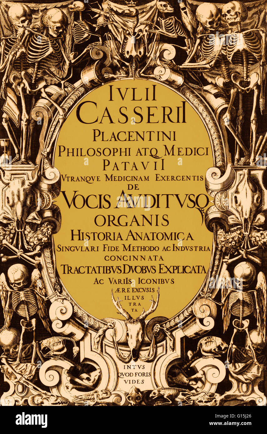 Title page from Giulio Casserio's (ca 1552-1616) 'De vocis auditisque organis historia anatomica,' Ferrara: Vittorio Baldini, 1601 (Part II: 1600). It is unsigned, but the anatomical illustrations are probably by German painter and engraver Joseph Maurer. Stock Photo
