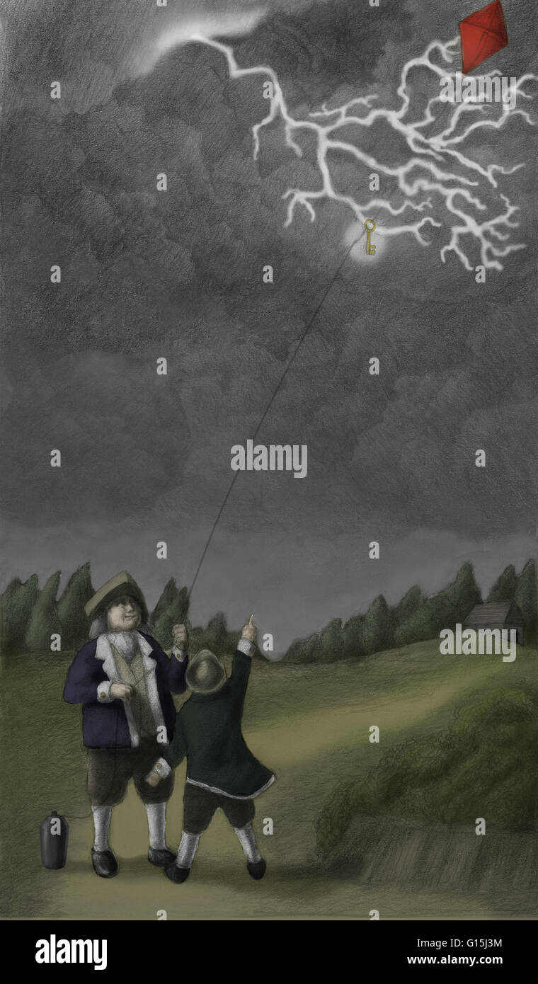 Benjamin Franklin's lightning experiment. Artwork of Benjamin Franklin