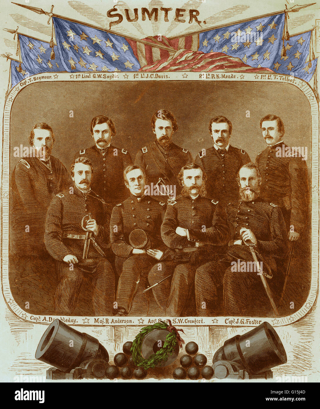 Color enhanced illustration of the officers of the Union garrison at Fort Sumter. On April 13, Major Anderson surrendered Fort Sumter, evacuating the garrison on the following day. The bombardment of Fort Sumter was the opening engagement of the American Stock Photo