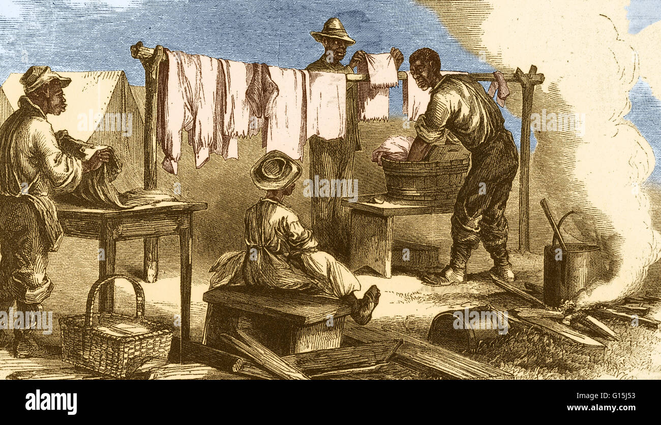 Color enhanced illustration of slaves in the Union camp. Slaves were