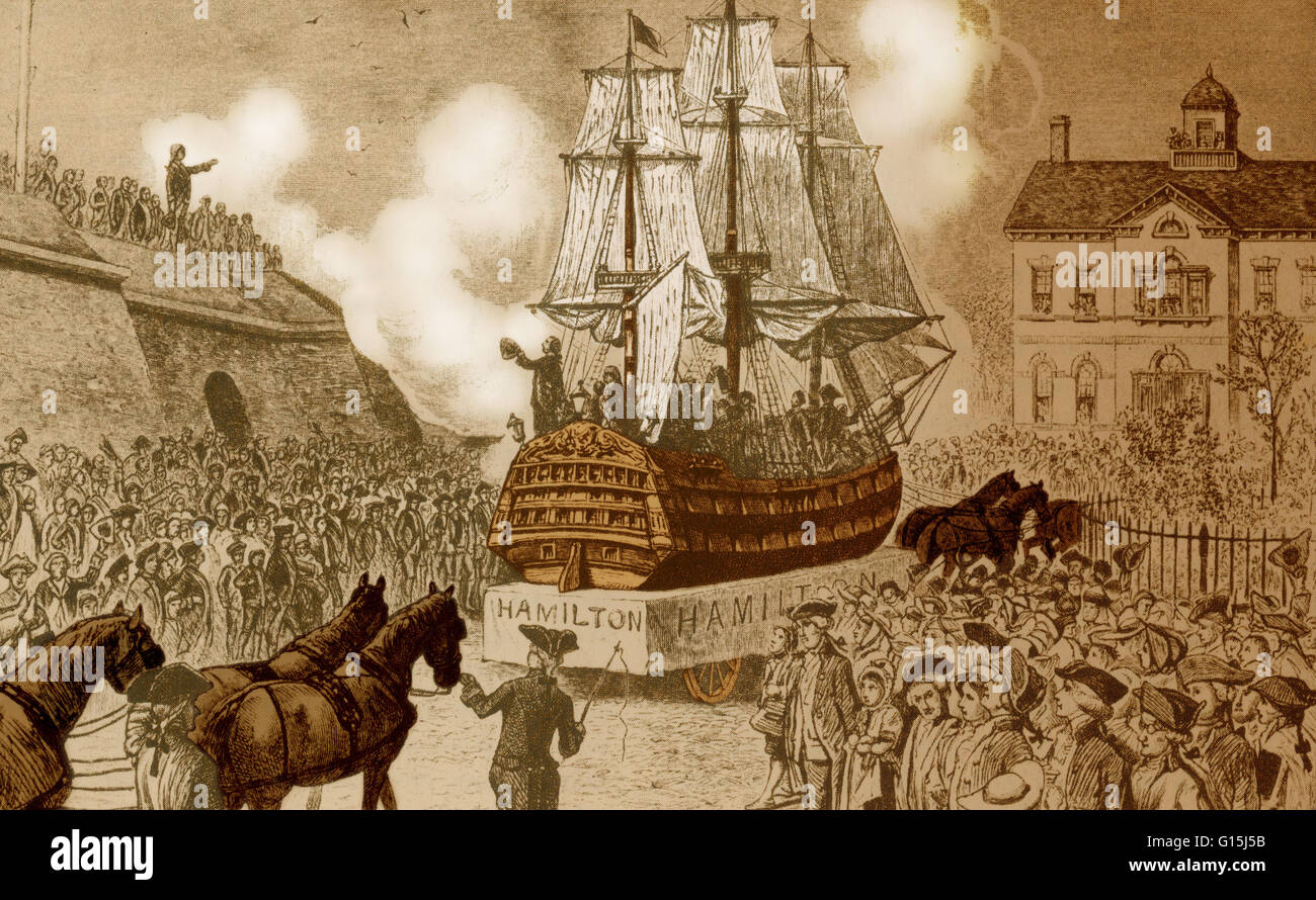 Color enhanced illustration of a parade New Yorkers held to celebrate the impending ratification of the Constitution in 1788. One of the floats was a 27 foot replica of a frigate. It was christened in honor of Alexander Hamilton, who led the flight for ra Stock Photo