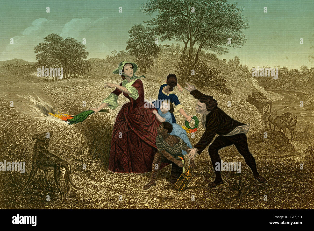 Color enhanced engraving by Thomas Phillibrowne of Mrs. Schuyler setting fire to her cornfields in 1777 as the British approached. Catherine Van Rensselaer Schuyler, wife of major-general Phillip John Schuyler, was ordered by her husband to set fire to th Stock Photo