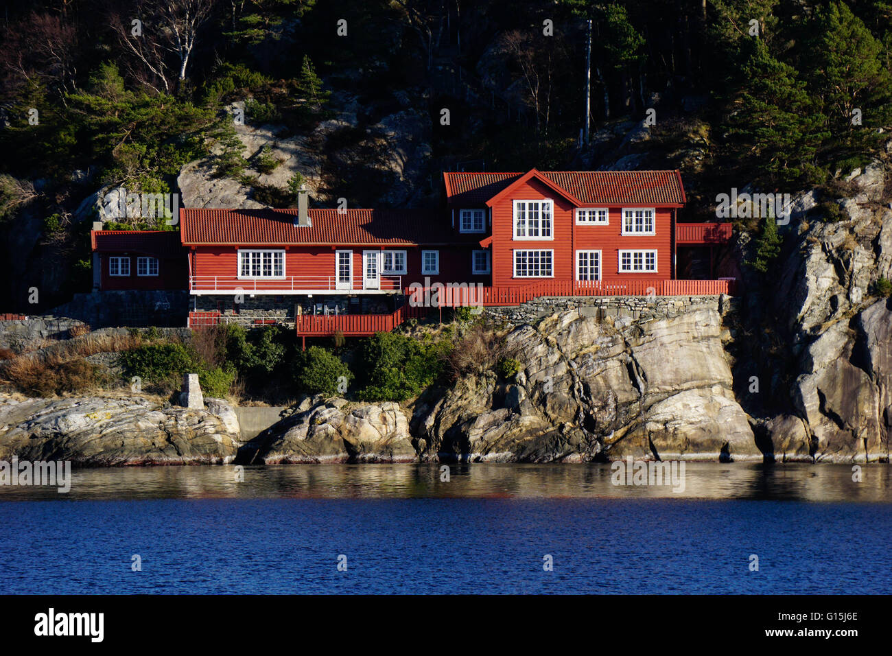 Fjord side cabins near Bergen, Hordaland, Norway, Scandinavia, Europe Stock Photo