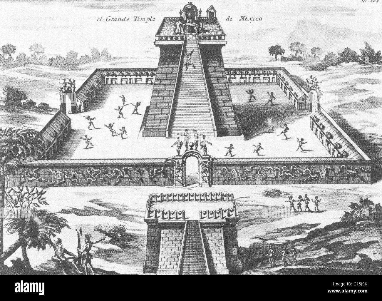 Aztec priests sacrificing prisoners to the god Huitzilopochtli at the great temple of Tenochtitlan. Wide stairs lead to the platform where Hernan Cortes attempted to stop Montezuma from making a human sacrifice. Tenochtilan was the capital of the Aztec em Stock Photo