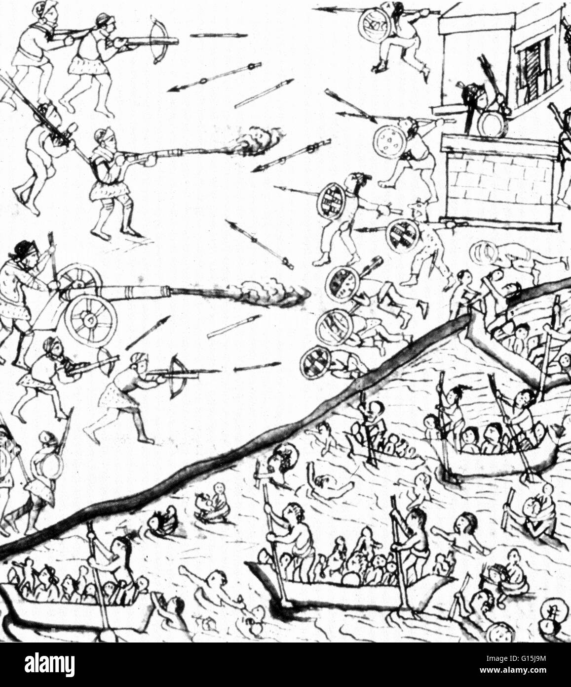 The Aztec unsuccessful defense of Tenochtitlan against the craft and cannons of the besieging Spaniards as pictured in the Florentine Codex. The siege of Tenochtitlan, the capital of the Aztec Empire, came about in 1521 through the manipulation of Spanish Stock Photo