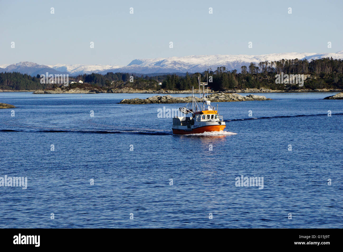 Fishing boat in Fjord, near Bergen, Hordaland, Norway, Scandinavia, Europe Stock Photo