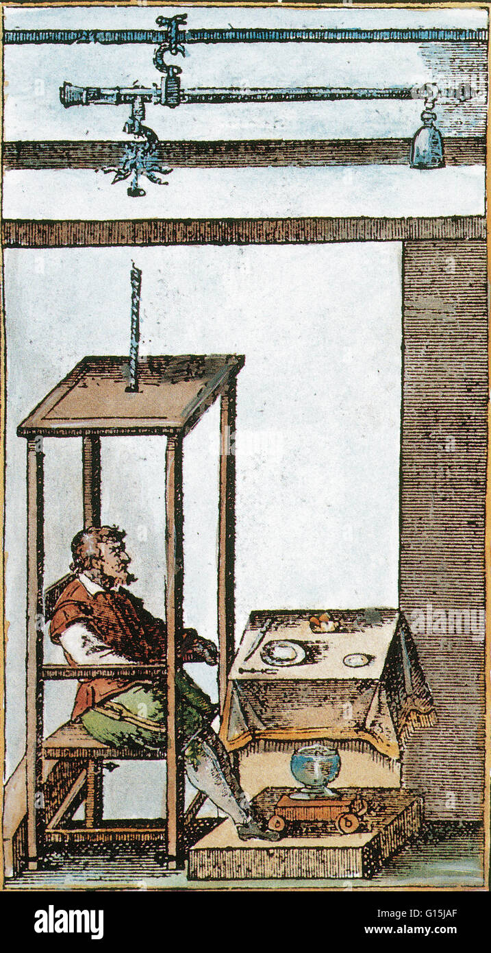 Santorio Santorio (1561-1636) was an Italian physiologist, physician, and professor. From 1611 to 1624 he was a professor at Padua where he performed experiments in temperature, respiration and weight. Sanctorius studied what he termed insensible perspira Stock Photo