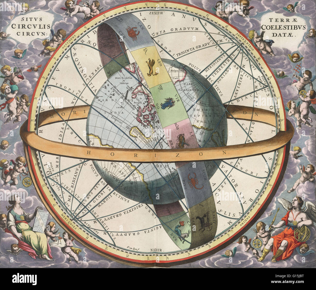 Sitvs terrae circvlis coelestibvs circvndatae. The location of the Earth encircled by the celestial circles. Richly ornamented scheme of the positions of the Globe relatively to the ecliptic axes and the Zodiac. Illustration by Andreas Cellarius (1596-166 Stock Photo