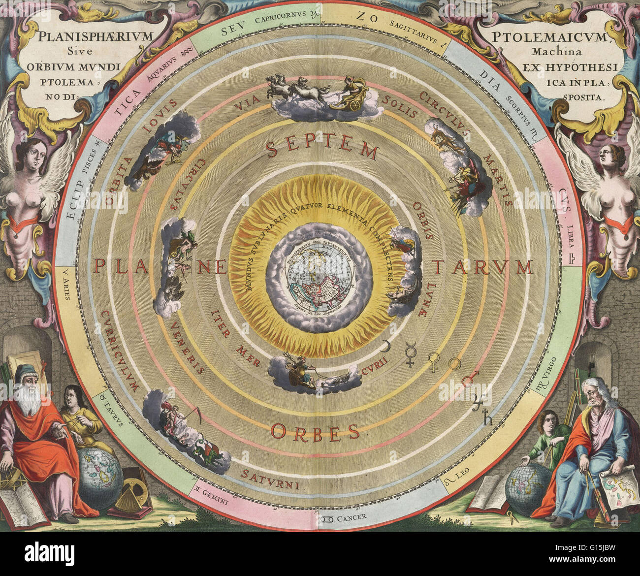 Planisphaerivm Ptolmaicvm, Sive Machina Orbivm Mvndi Ex Hypothesi Ptolemaica In Plano Disposita. The planisphere of Ptolemy, or the mechanism (i.e. the movements) of the heavenly orbits following the hypothesis of Ptolemy laid out in a planar view. In ast Stock Photo
