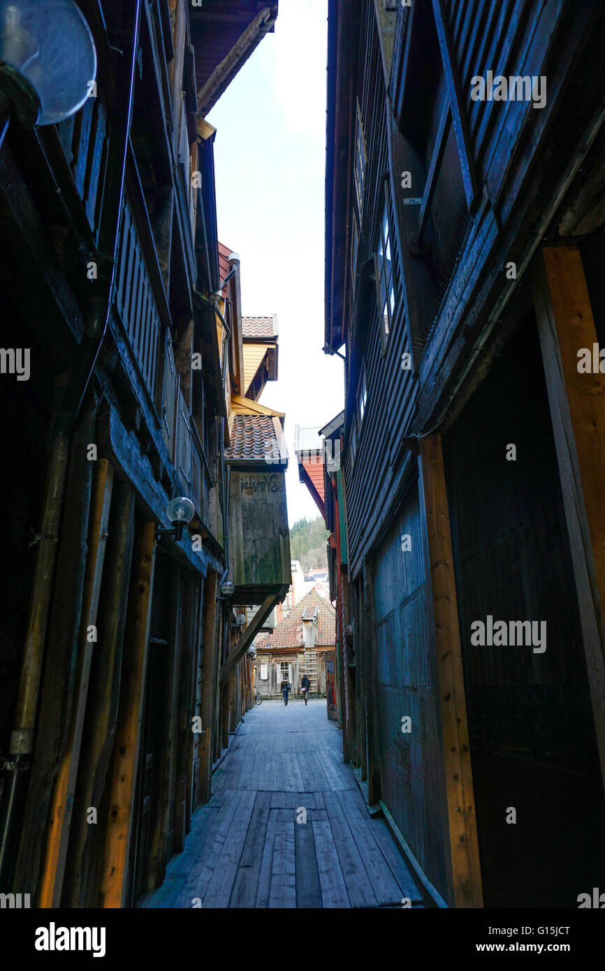Small alleyways in the Hanseatic quarter, Bryggen, Bergen, Hordaland, Norway, Scandinavia, Europe Stock Photo