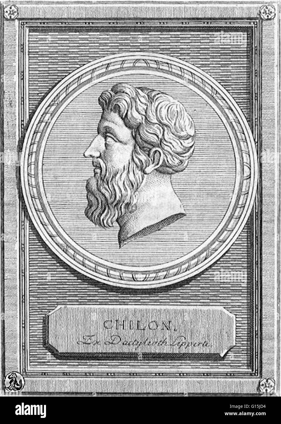 Chilon of Sparta (6th century BC) was a Lacedaemonian and one of the Seven Sages of Greece. He was a famous legislator and reformer from Athens, framing the laws shaped the Athenian democracy. Chilon is said to have helped to overthrow the tyranny at Sicy Stock Photo