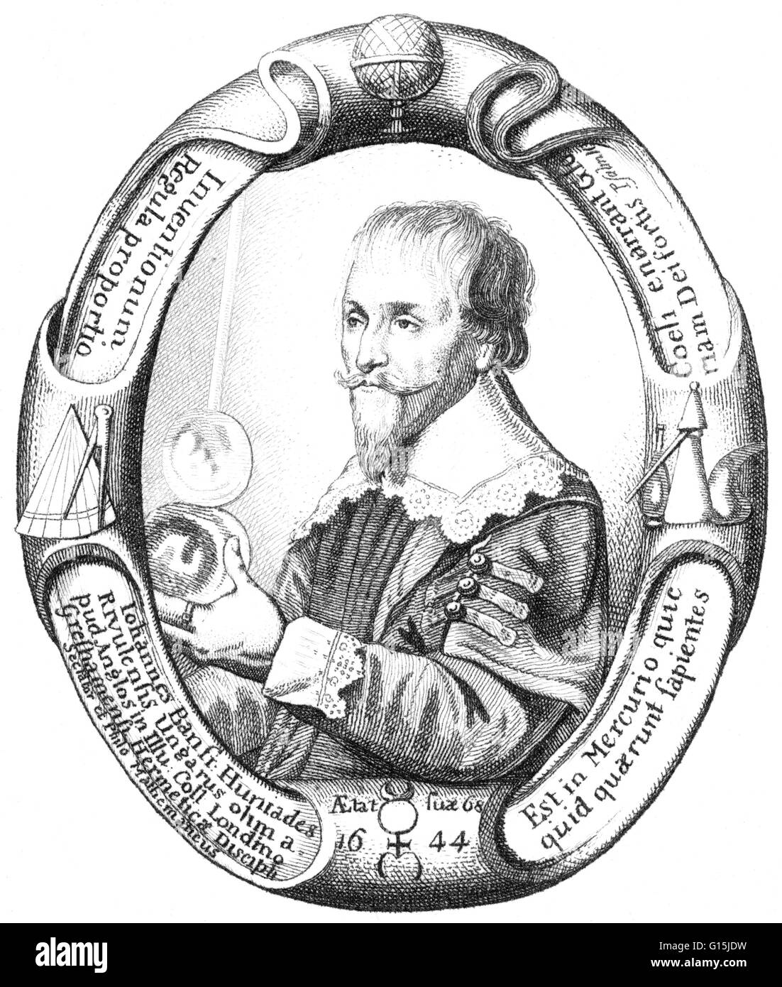 Johannes Huniades (1576-1646) was a Hungarian goldsmith and alchemist, resident in England from 1608. He worked for Arthur Dee (English physician and alchemist) and Theodore de Mayerne.(Swiss physician who advanced the theories of Paracelsus). Stock Photo