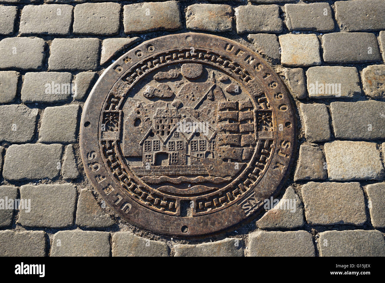 Decorative manhole cover, Bergen, Norway, Hordaland, Scandinavia Stock Photo