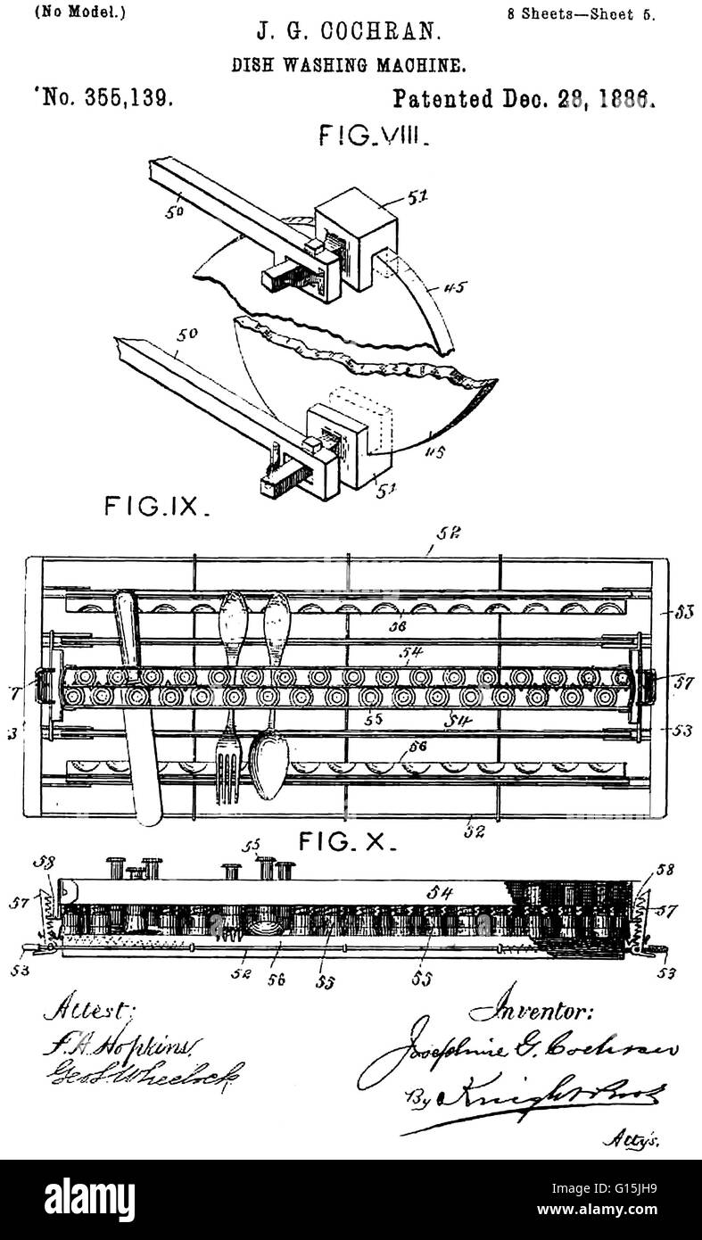 J.G. Cochran Dish Washing Machine patent. Josephine Garis Cochran  (1839-1913) made the first practical mechanical dishwasher in 1886. First  she measured the dishes. Then she built wire compartments, each specially  designed to