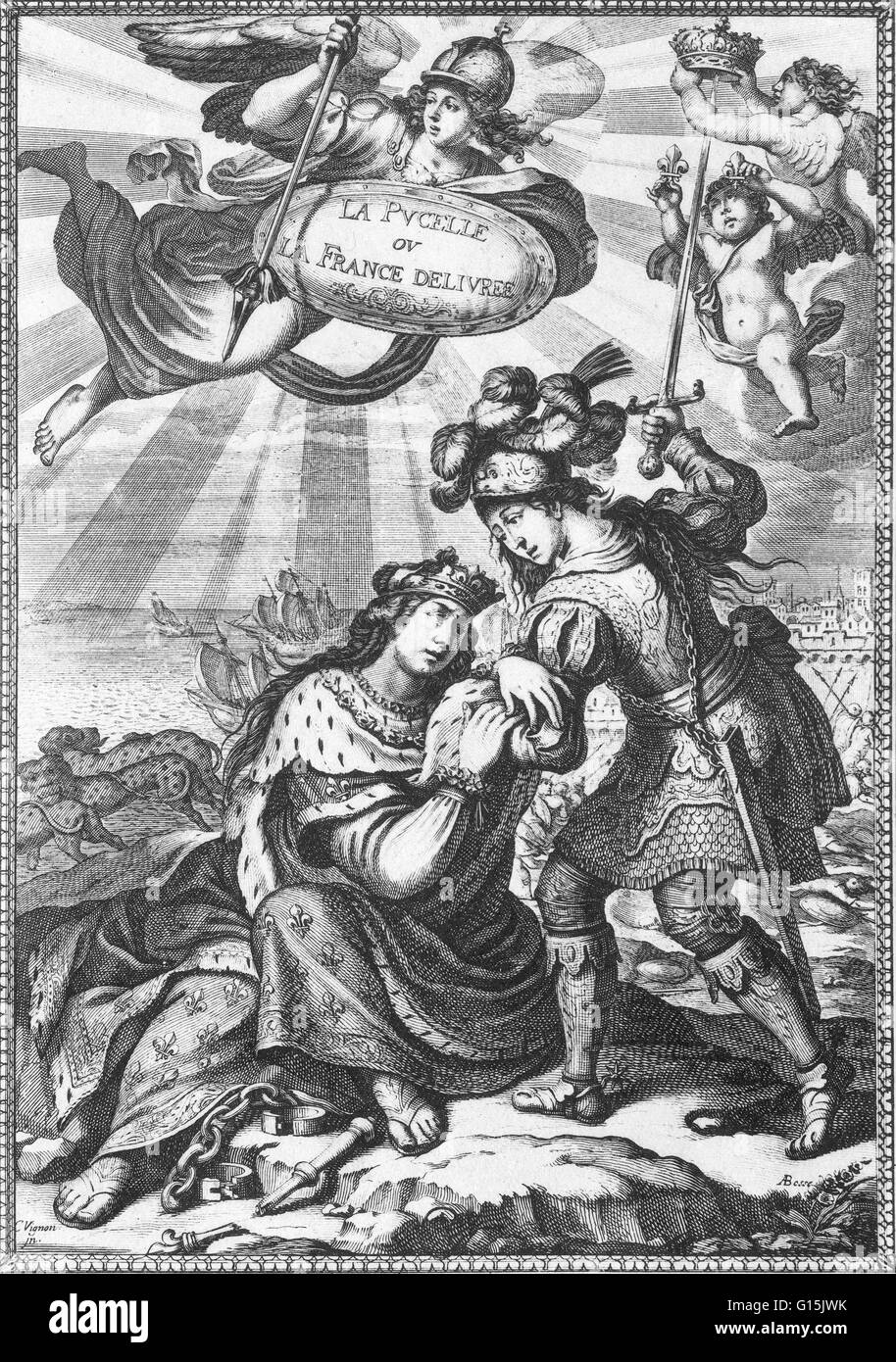Title page of the poem. "Joan raises up a fallen France". Joan of Arc (January 6, 1412 - May 30, 1431) national heroine of France and a Roman Catholic saint. A peasant girl born in eastern France who claimed divine guidance, she led the French army to sev Stock Photo