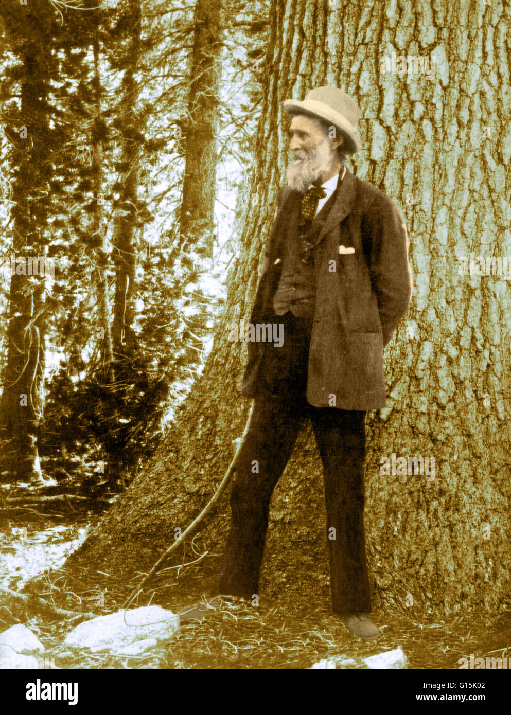 Color enhanced photograph of John Muir (April 21, 1838 - December 24, 1914) was a Scottish-born American naturalist, author, and early advocate of preservation of wilderness in the United States. His letters, essays, and books telling of his adventures in Stock Photo