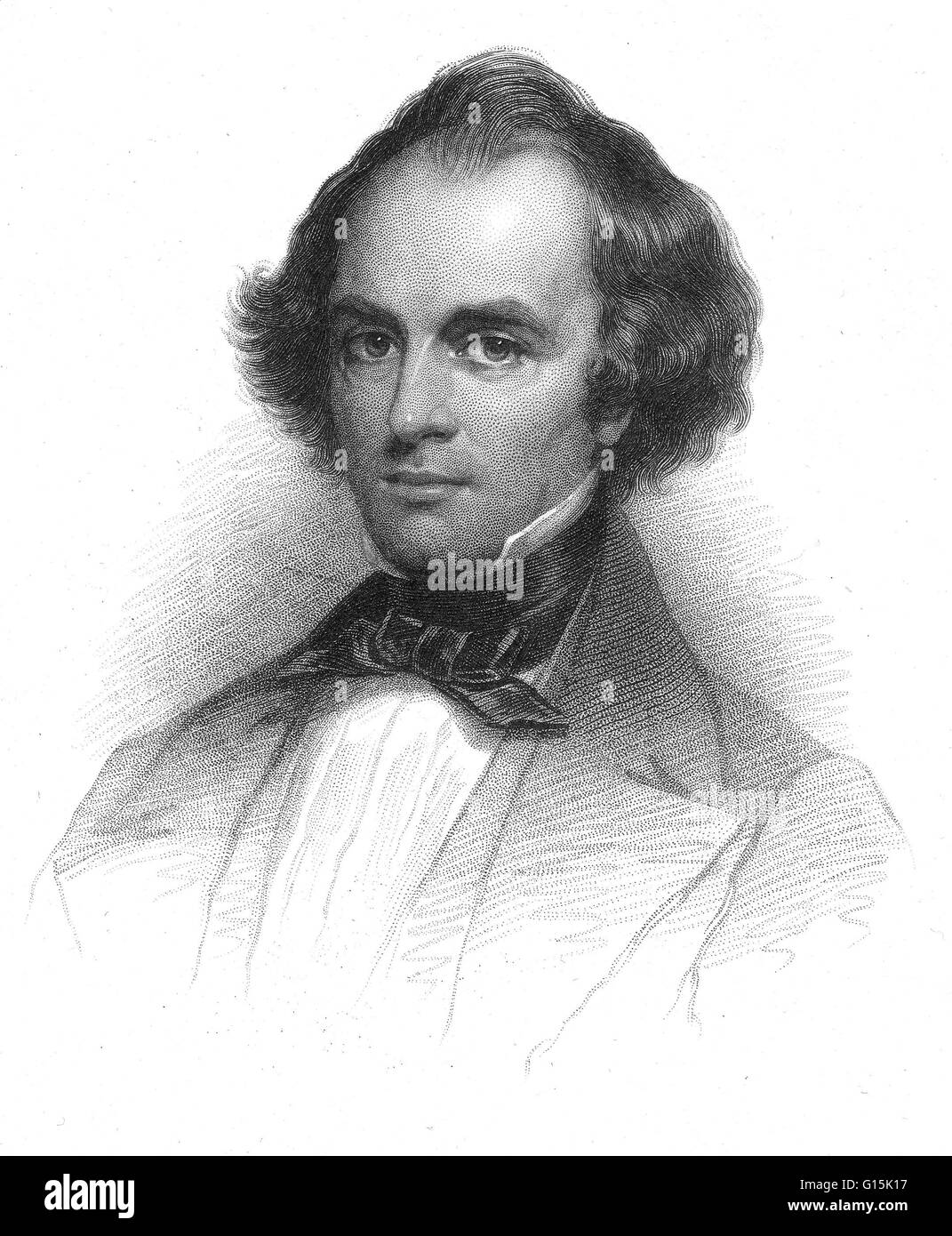 Nathaniel Hawthorne (July 4, 1804 - May 19, 1864) was an American novelist and short story writer. Much of his writing centers on New England, with many works featuring moral allegories with a Puritan inspiration. His fiction works are considered part of Stock Photo