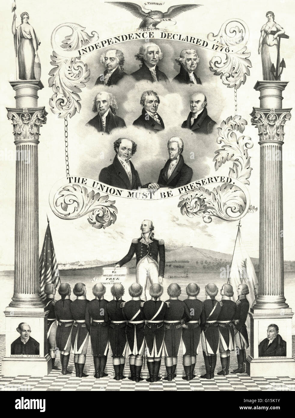Lithograph with letterpress text entitled: Independence declared 1776. The Union must be preserved. A memorial to the Declaration of Independence and the American Revolution, with distinctly pro-Democratic overtones. Below the title 'Independence Declared Stock Photo