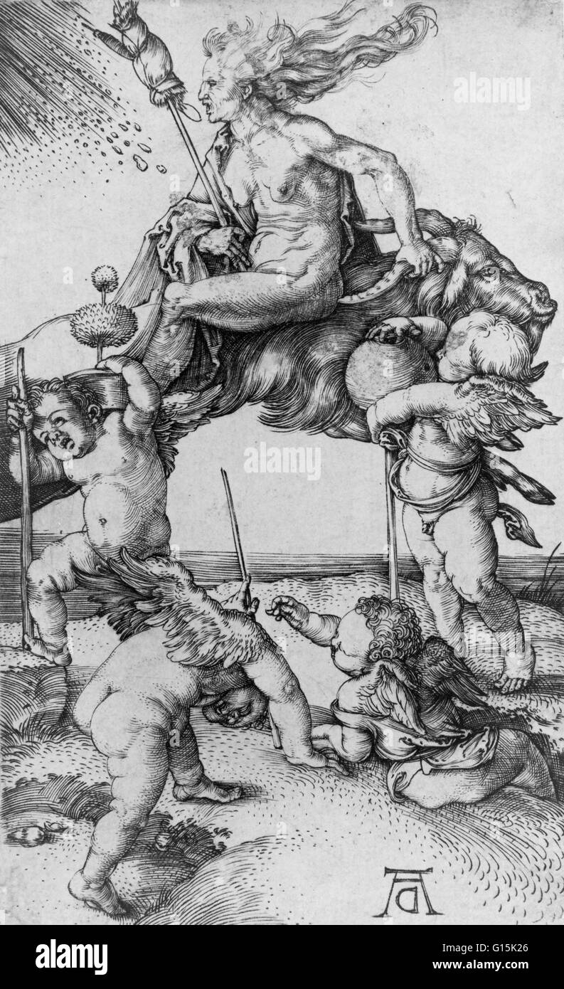 Engraving entitled: 'Witch riding backward on a goat accompanied by four putti' by the Northern Renaissance artist Albrecht Durer (1471-1528). Witchcraft is the use of magical faculties, most commonly for religious, divinatory or medicinal purposes. This Stock Photo
