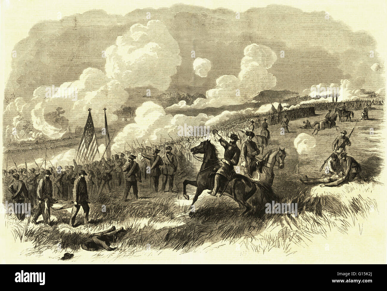 Engraving entitled: 'Colonel Burnside's brigade at Bull Run, First and Second Rhode Island, and Seventy-First New York Regiments, with their Artillery, Attacking the Rebel Batteries at Bull Run, by A. Waud.' This was first major conflict of the American C Stock Photo